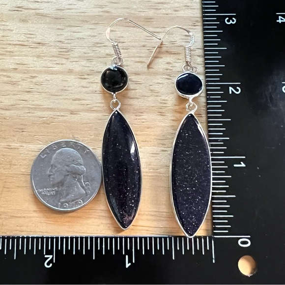 New Blue Sandstone w Black Onyx Long Silver Overlay Hook Earrings - Picture 3 of 5
